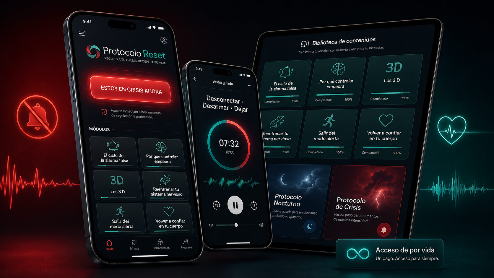 Protocolo Reset — vista de la app en móvil y tablet